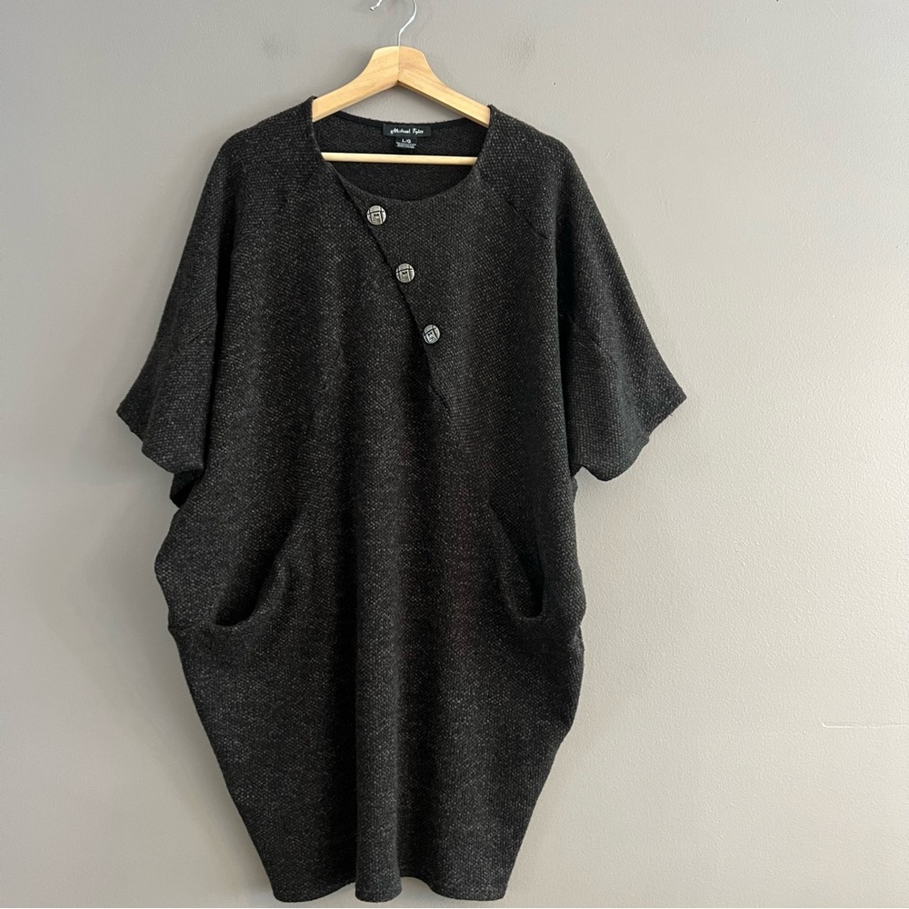 Michael Tyler Tunic Sweater Dress Front Pockets Buttons Bat Sleeves Lagenlook L